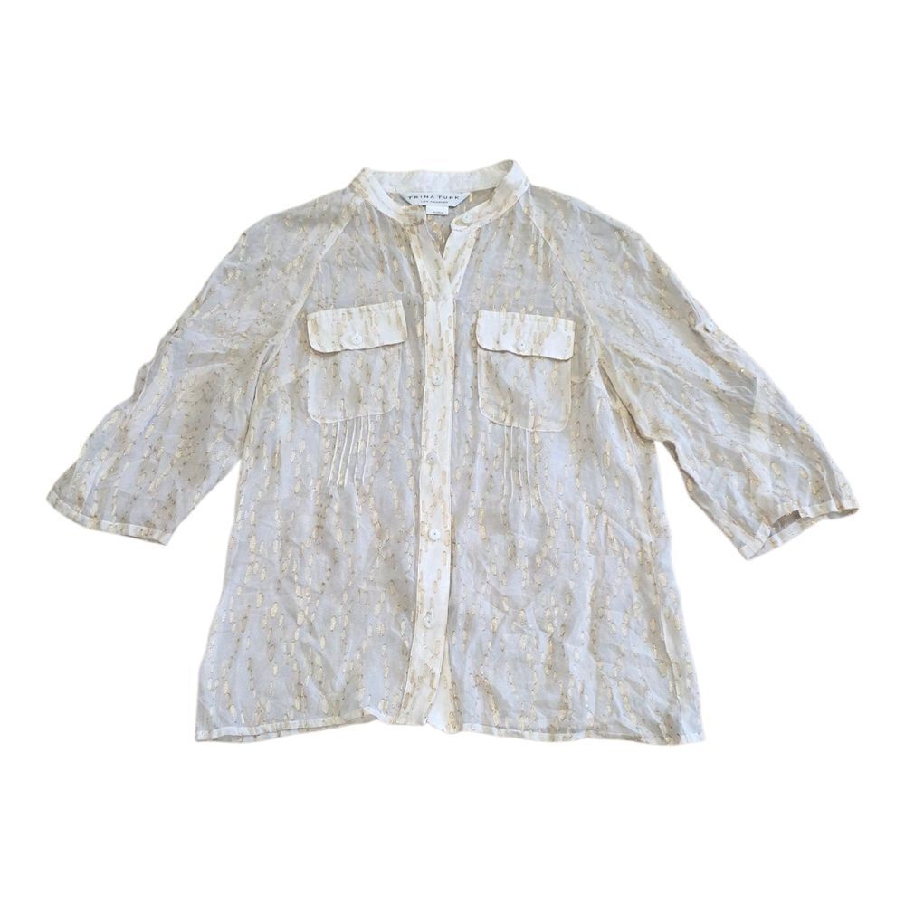 Trina Turk Unique Gold and Cream Sheer Roll Up Sleeve Blouse M